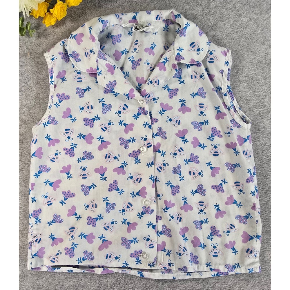 Vintage 70s Woolworth Girls Size 8 Sleeveless Floral Bee Button Up Shirt Retro